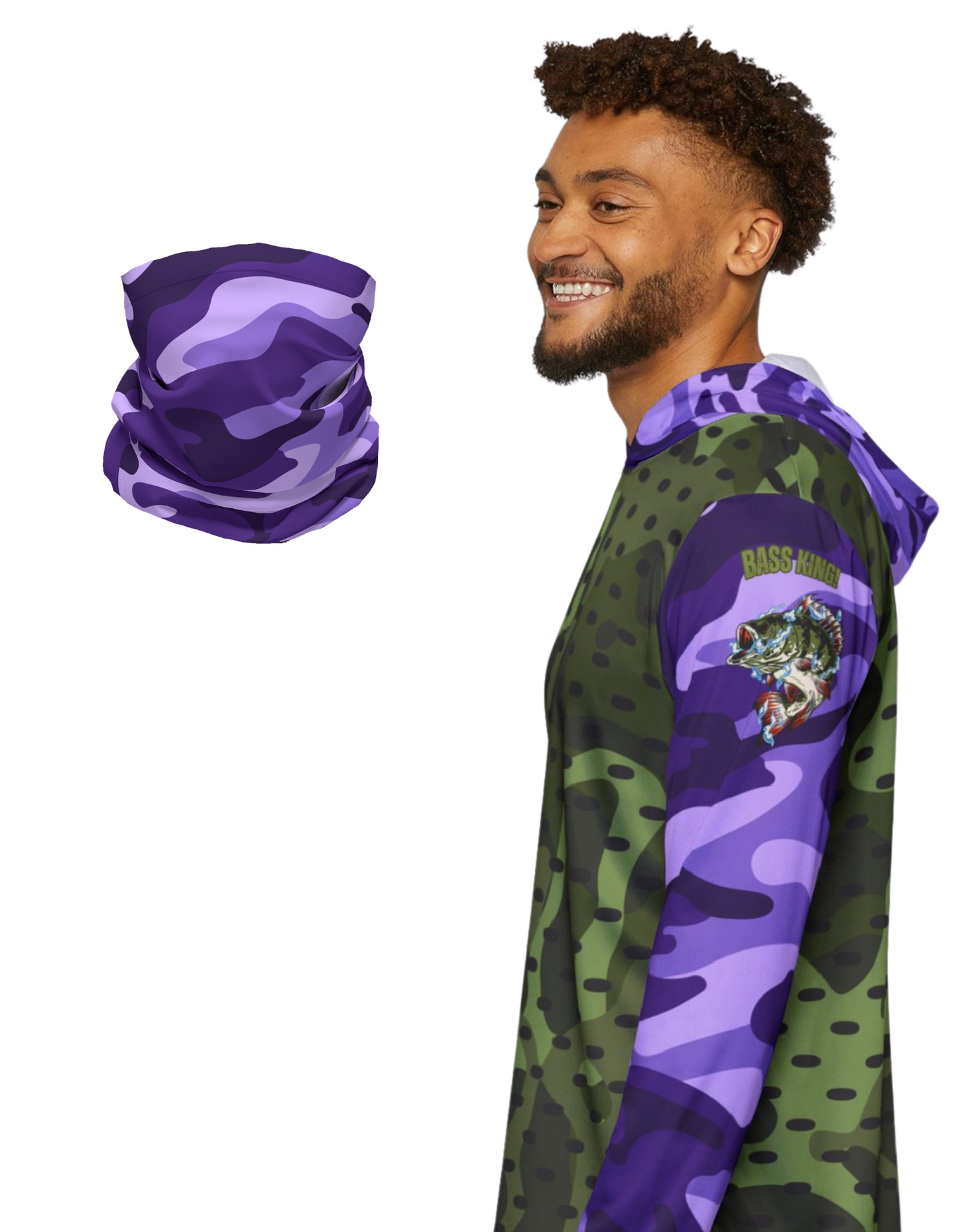 Bass King Swamp Green and Purple Sun Hoodie and Neck Gaiter Bundle